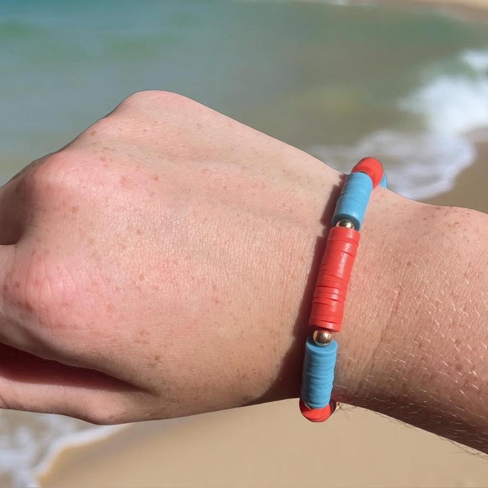 blue and red claybead bracelet